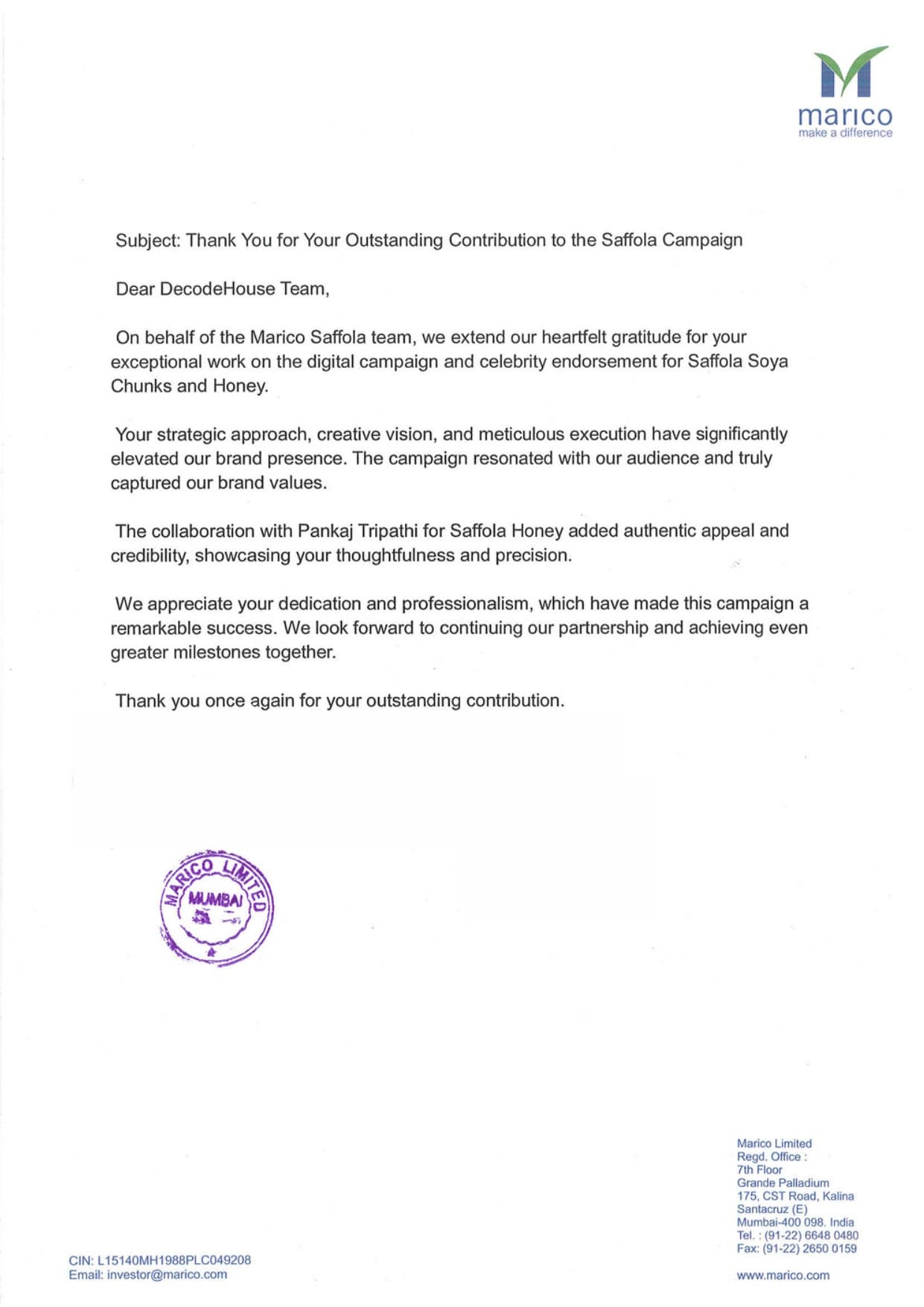 Marico Certificate